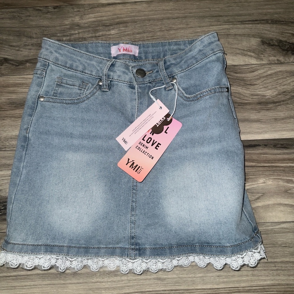 YMI GIRL Light Blue Denim Skirt with Lace Trim